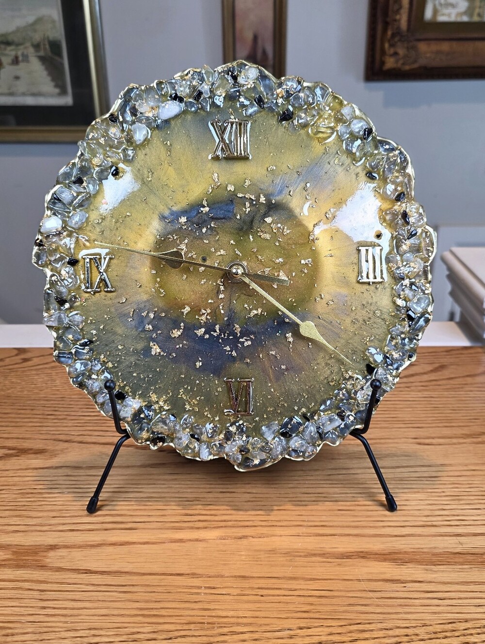 Handcrafted Gold Quartz Resin Clock With Stand - 10" Round Geode Wall Art Decor